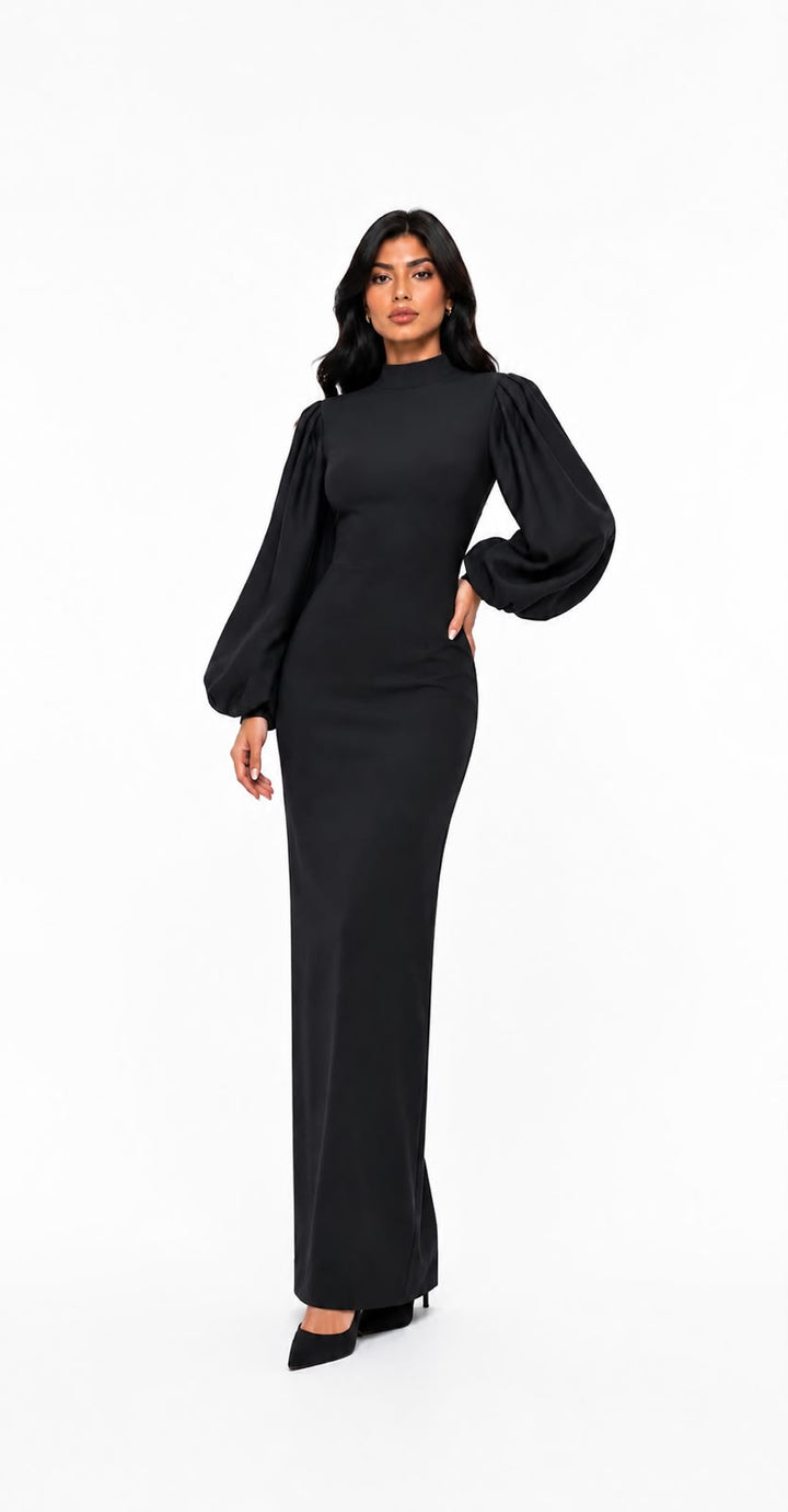 High-Neck Balloon-Sleeve Gown – Noir