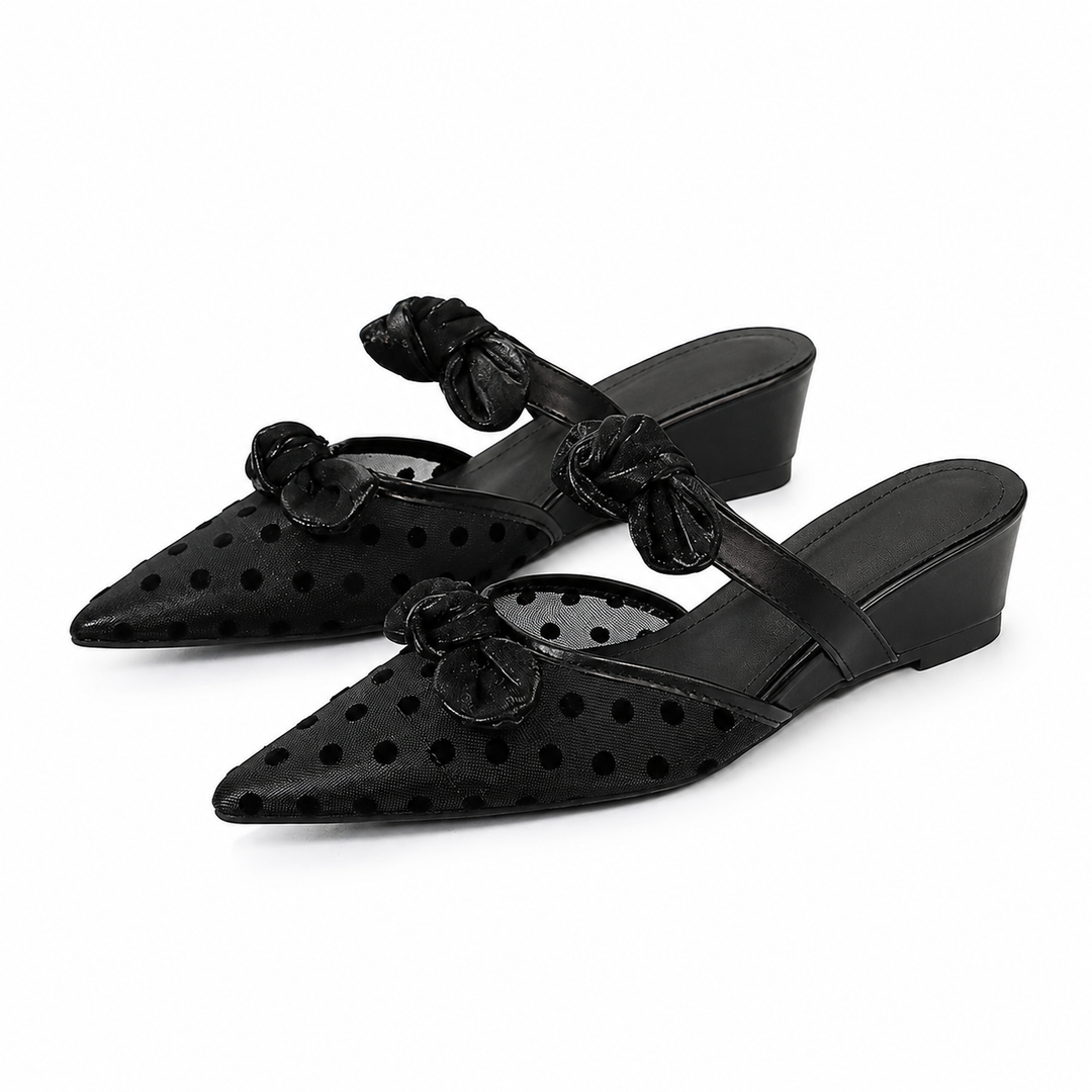 Polka-Dot Bow Wedge Mules – Ivory