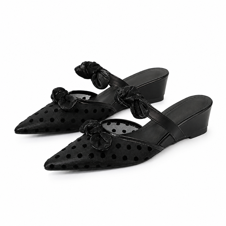 Polka-Dot Bow Wedge Mules – Ivory