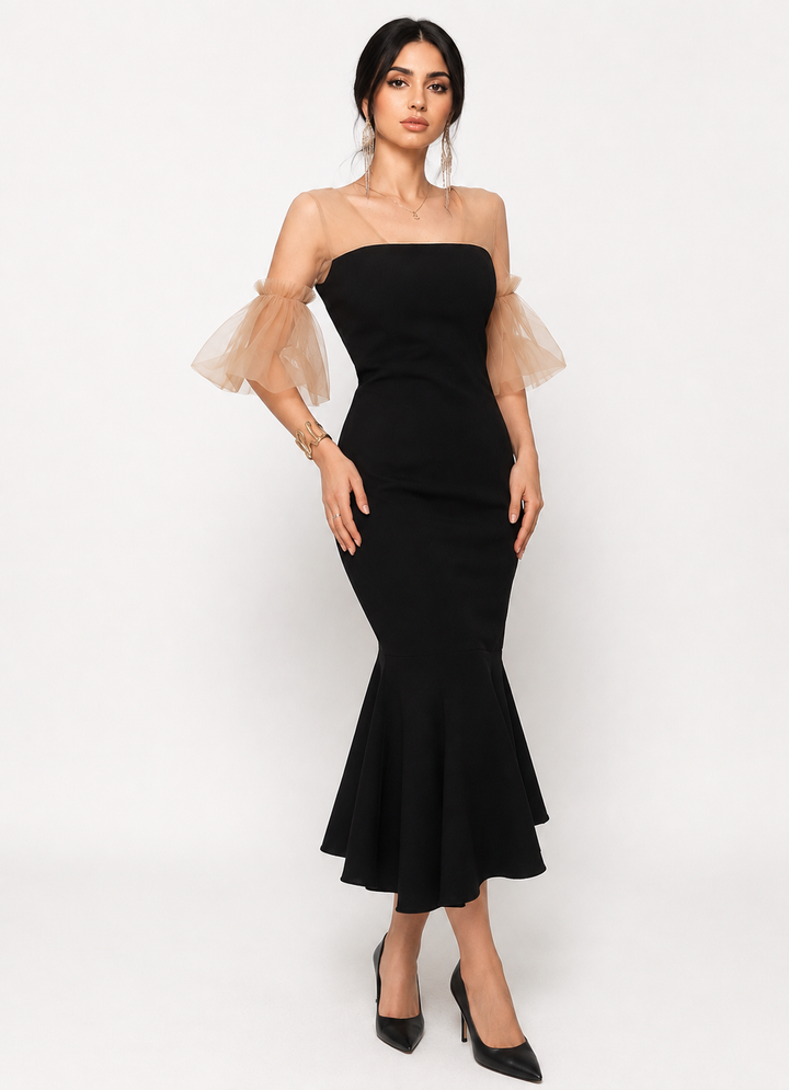 Black Tulle Sleeve Mermaid Midi Dress – Élan