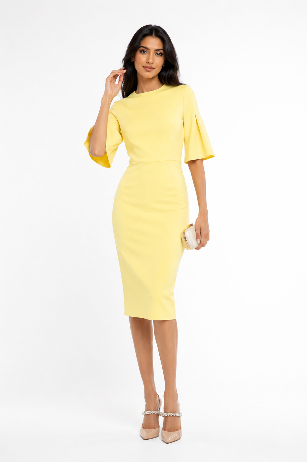 Flared-Sleeve Midi Dress – Lemon