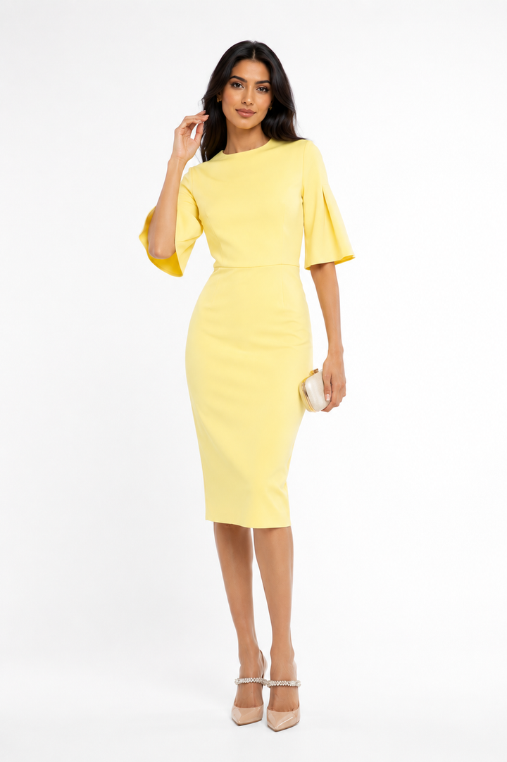 Flared-Sleeve Midi Dress – Lemon