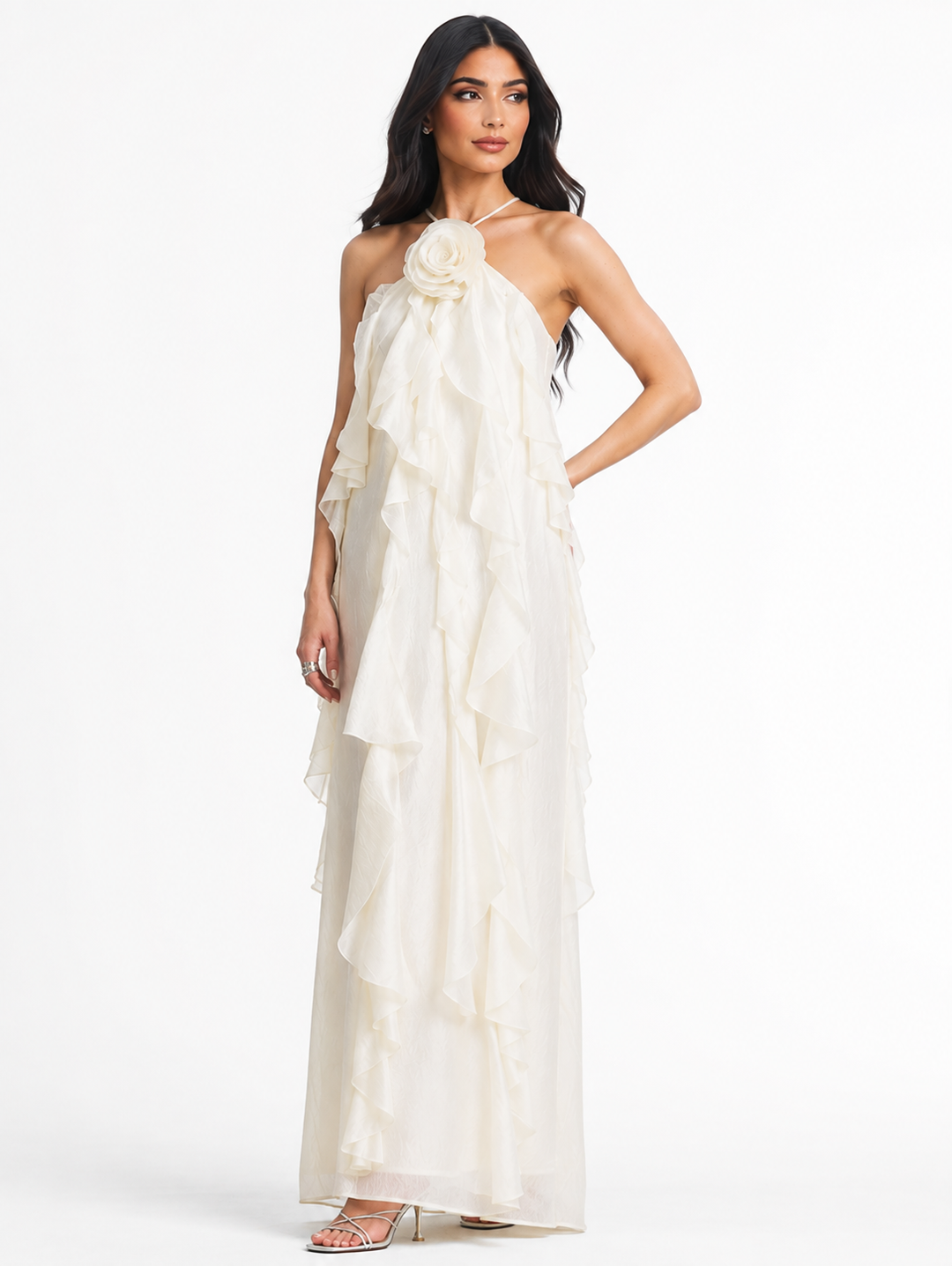 Ivory Floral Ruffle Halter Maxi Dress – Camellia