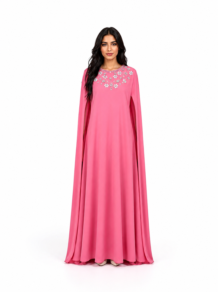 Pink Crystal-Embellished Cape Gown – Blossom