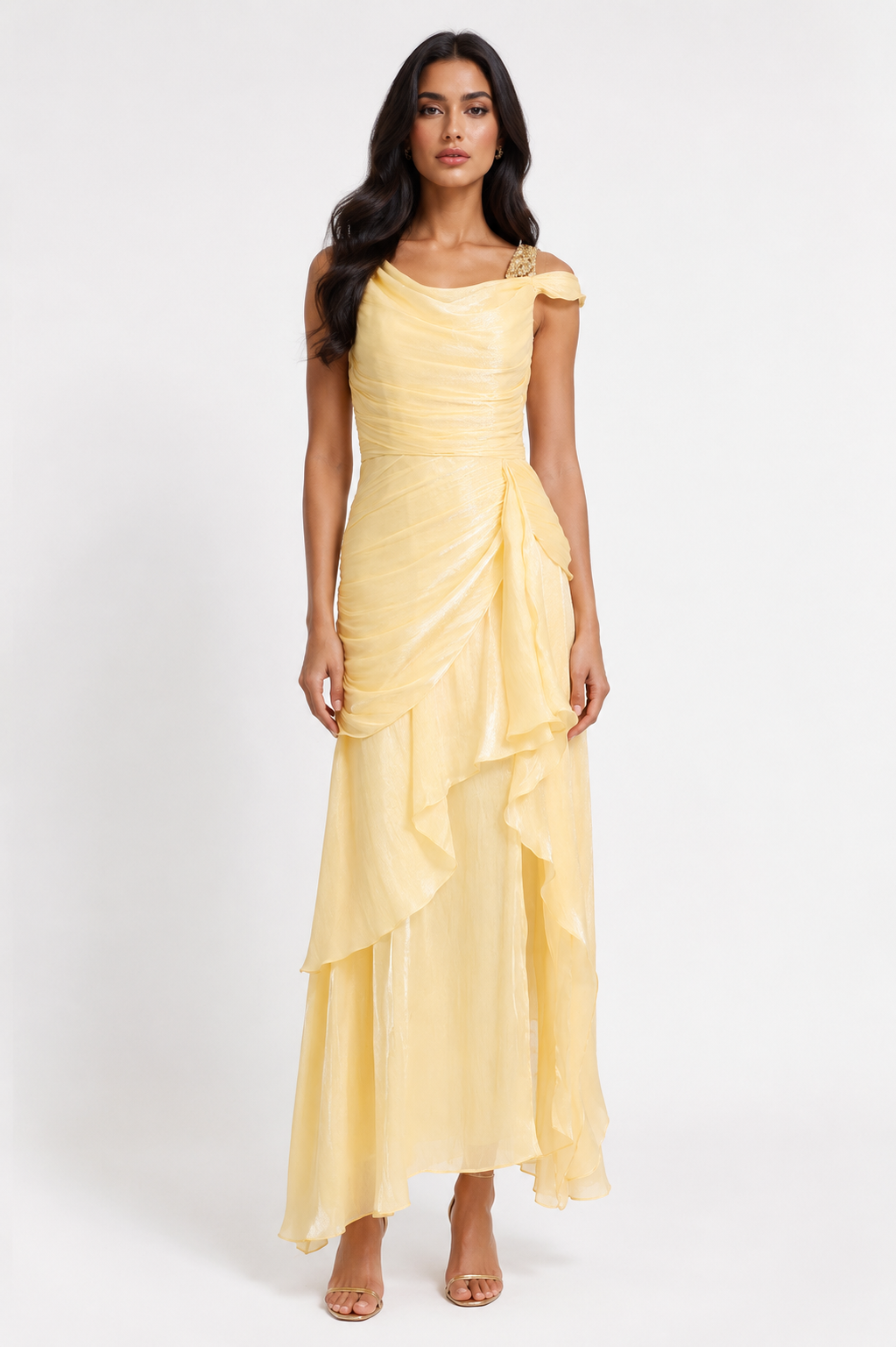 Asymmetrical Draped Chiffon Midi Dress - Buttercream