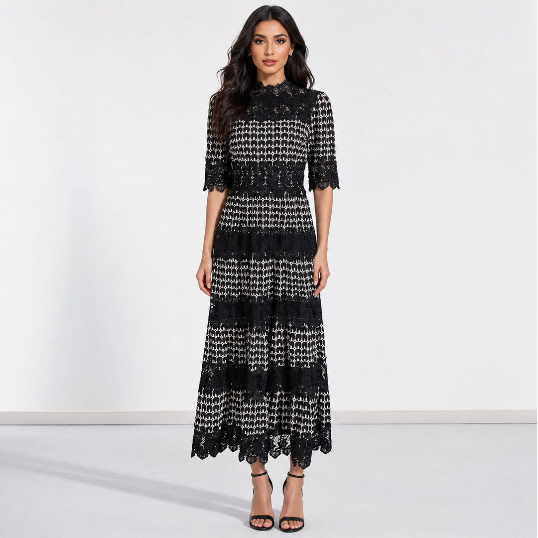 Vintage Lace High-Neck Maxi Dress - Noir