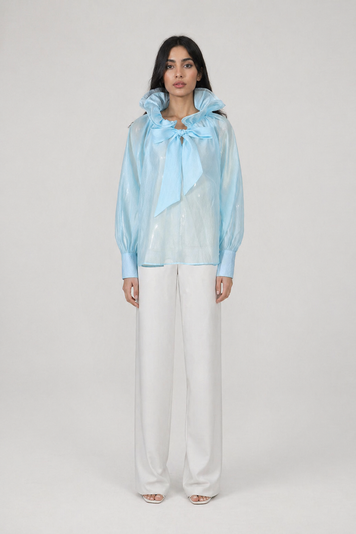 Sky Blue Sheer Bow Blouse – AZURÉ