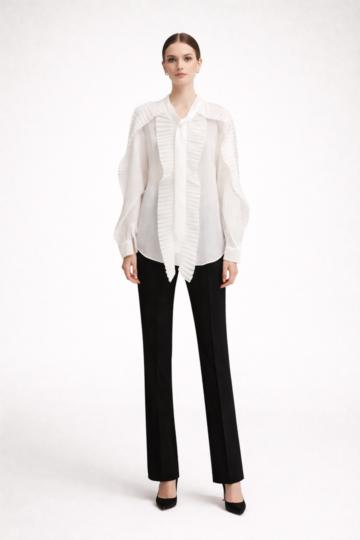 Elegant Pleated Panel White Shirt Statement Long Sleeve Blouse-SERAB