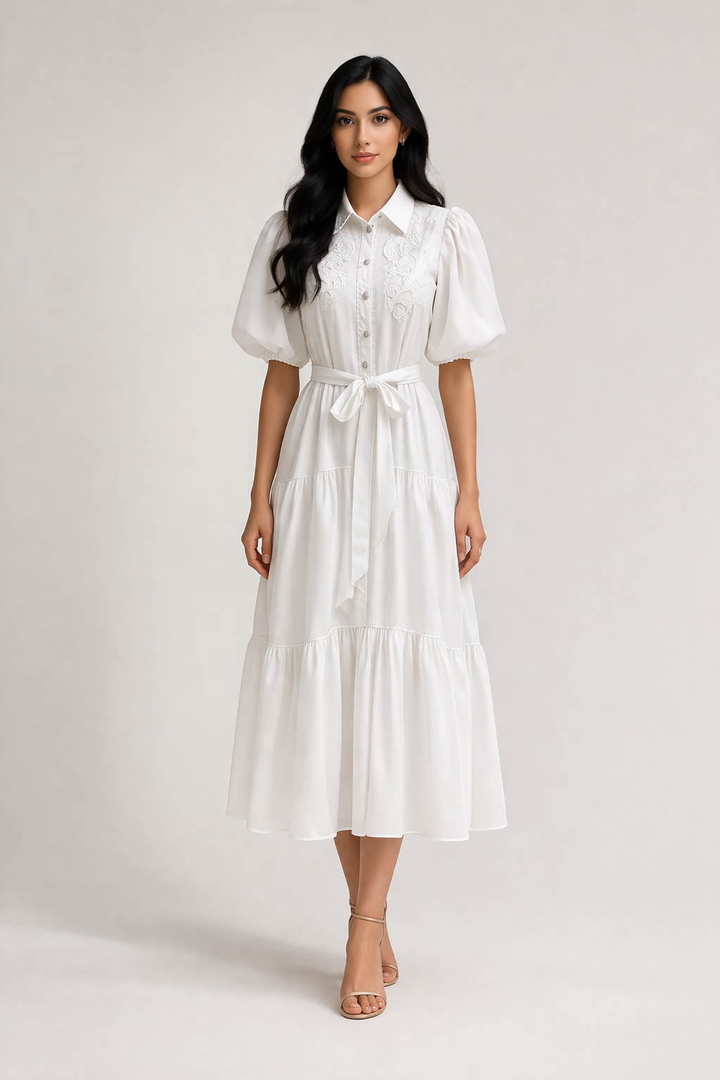 puff sleeve shirt midi dress with embroidered bodice and belt – OLIVIA
