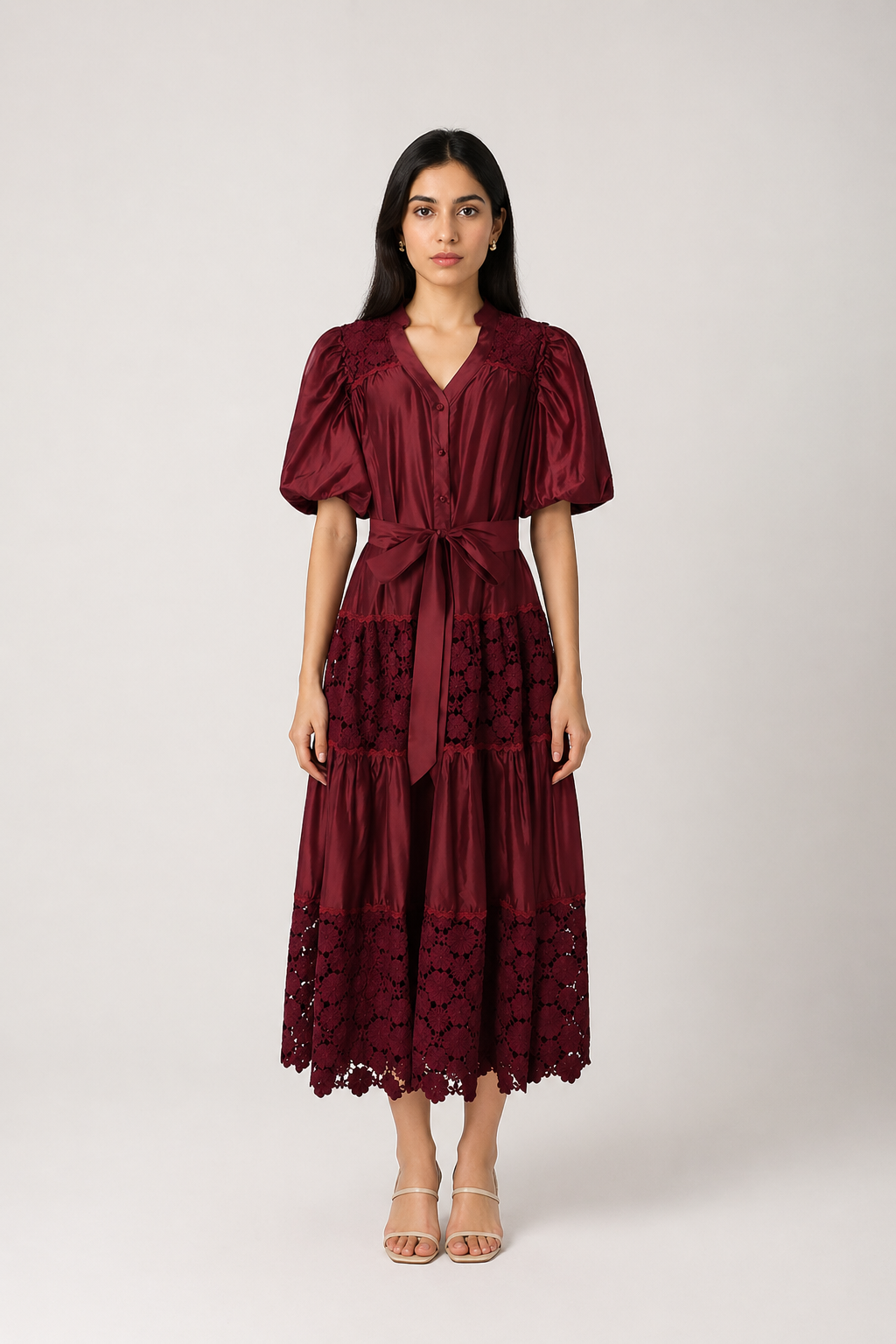Burgundy Lace Panel Midi Dress - ROSÉVA