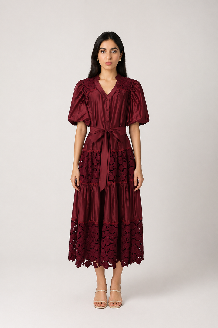 Burgundy Lace Panel Midi Dress - ROSÉVA