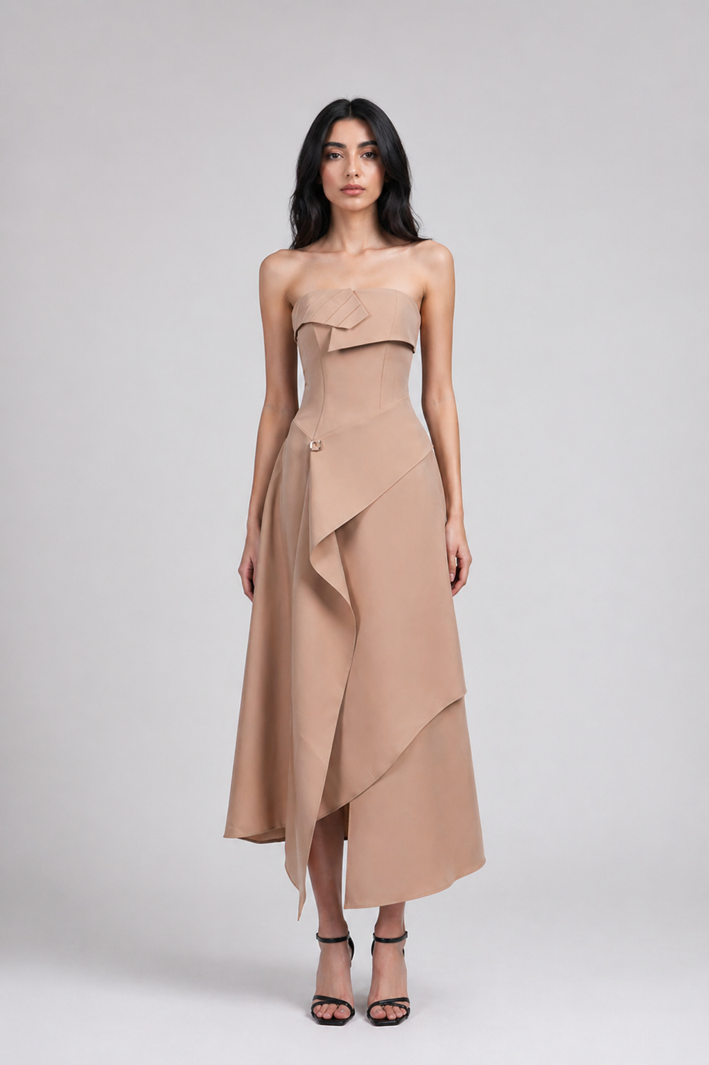Beige Strapless Draped Midi Dress - SCULPTA