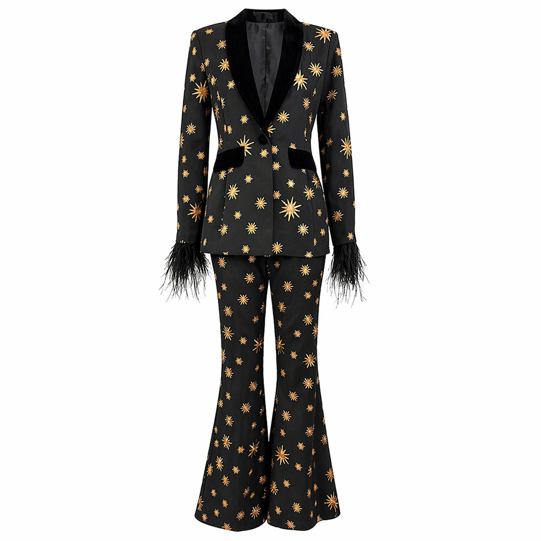 Black Star Print Blazer and Pants Set with Feather Cuffs - ASTORIA
