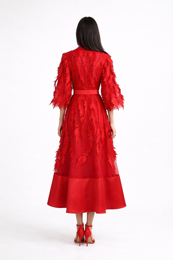 long sleeve chiffon dress with 3D leaf appliqué and belted waist – VIOLET