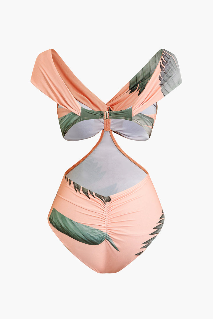 Tropical Print Ruched Crossed Twist Knot Backless Tummy Control One-Piece Swimsuit