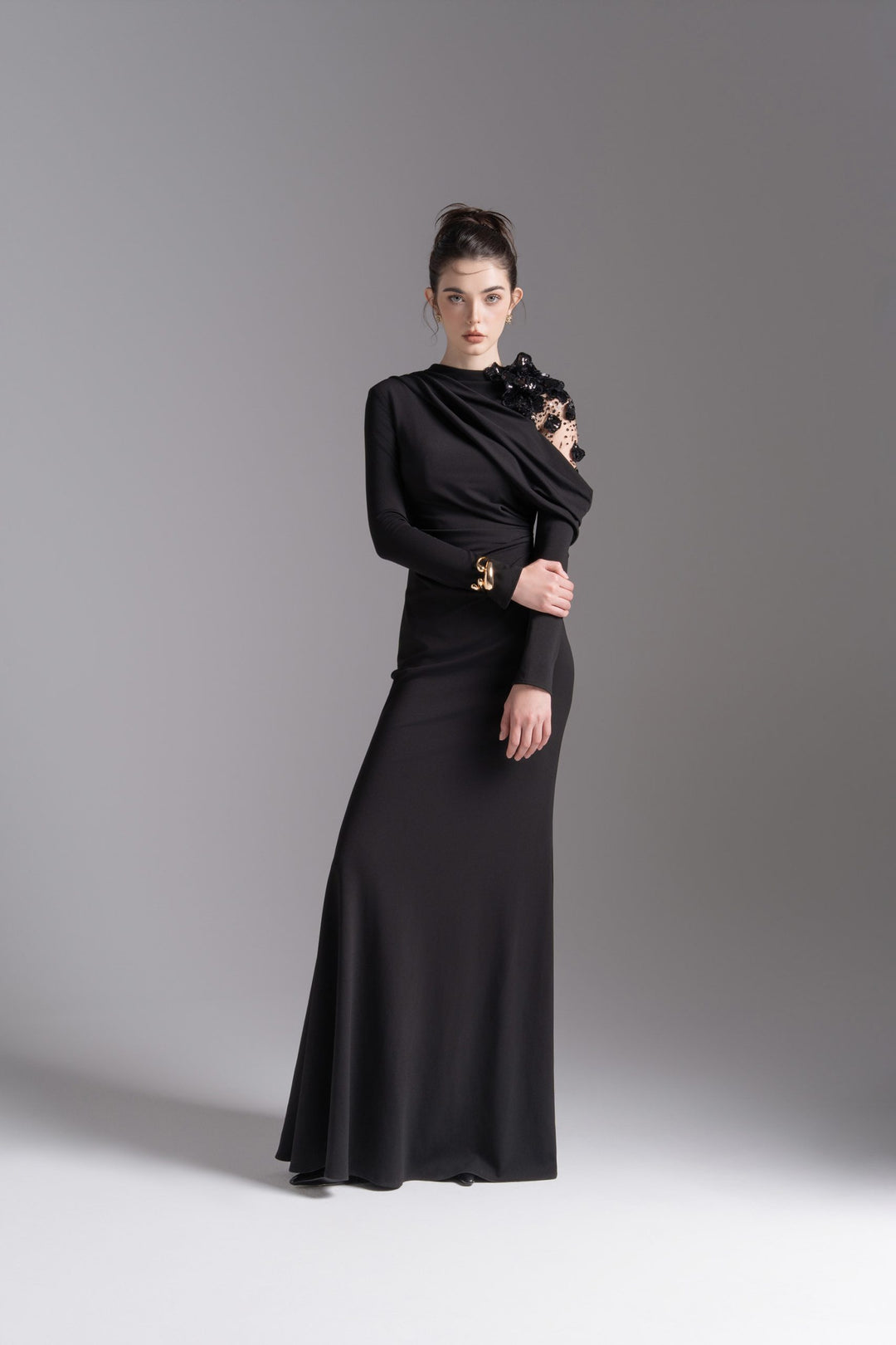 Asymmetric embellished shoulder gown – NOCTURNE