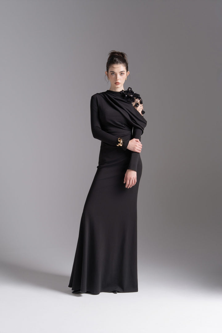 Asymmetric embellished shoulder gown – NOCTURNE