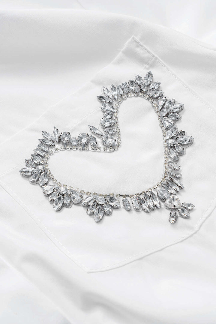 Rhinestone Ruched Button Pocket Short-Sleeve Shirt