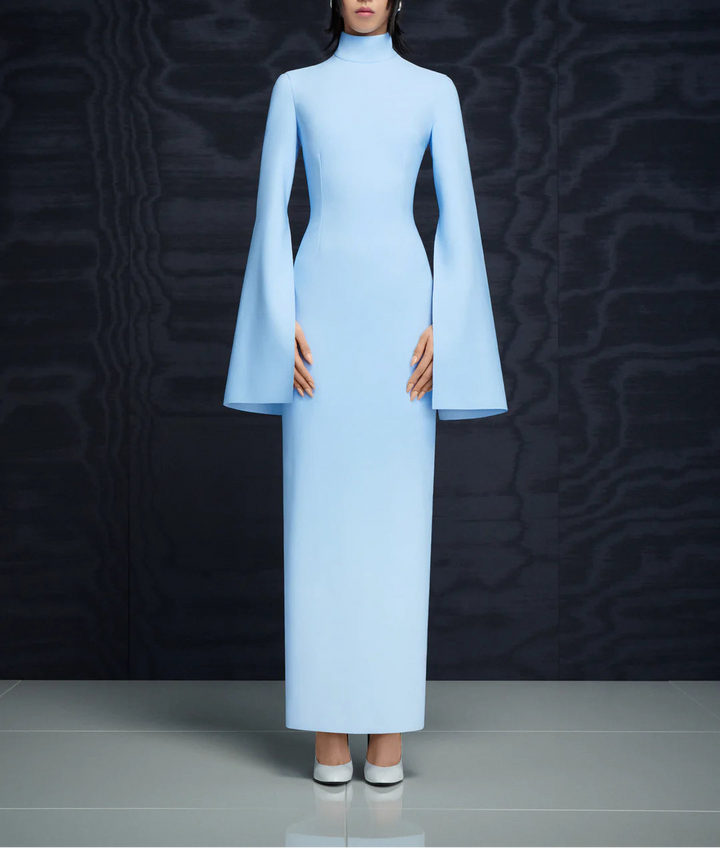 high-neck column gown with flared sleeves – JOSEFINE