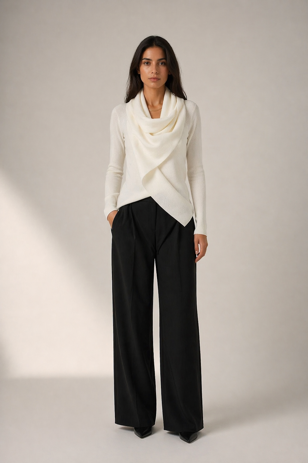 White Wrap Knit Sweater with Draped Scarf Collar - ELORIA