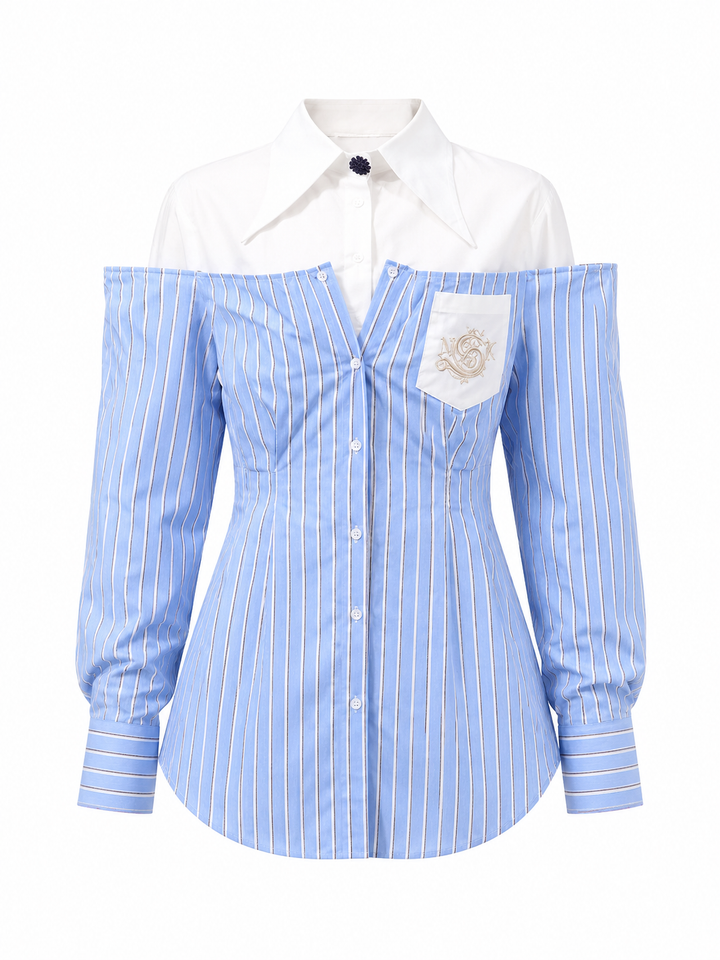 Blue Striped Off-Shoulder Layered Shirt – AZURÉLLE