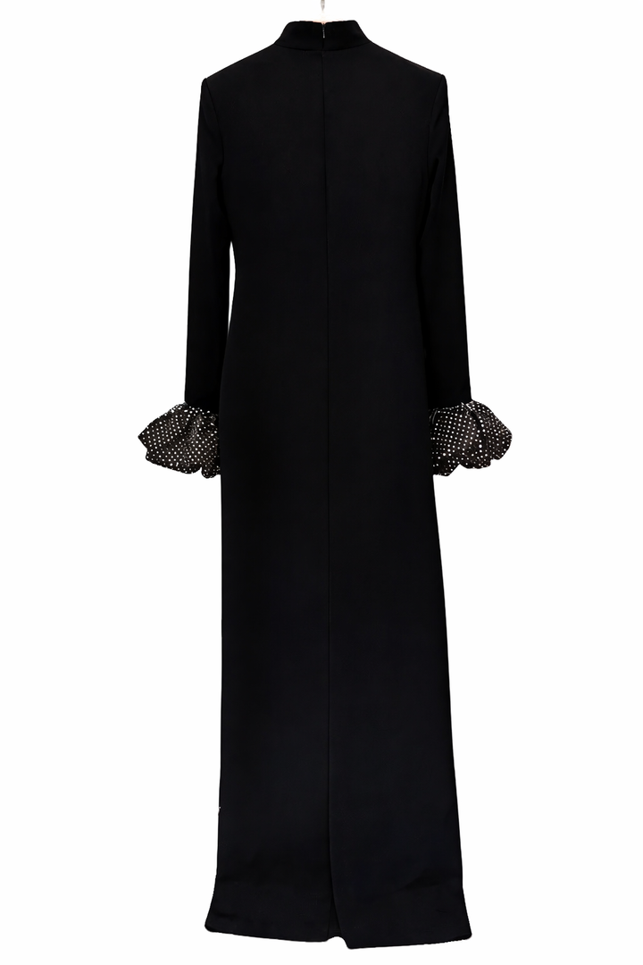 high-neck long sleeve maxi dress with ruffle cuffs – LUMINA