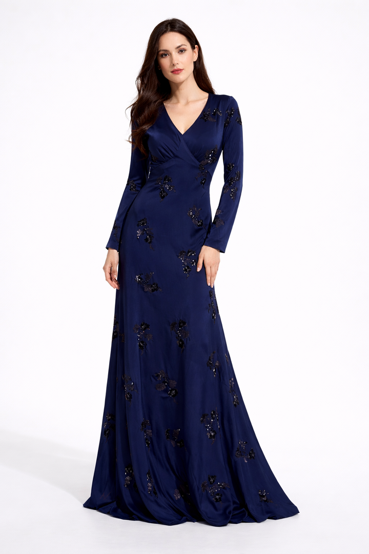 long sleeve V-neck mermaid gown with embellished detailing – MIDNIGHT