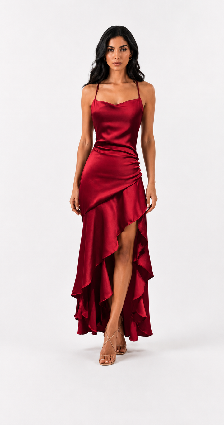 Ruby Satin High-Low Evening Dress — Scarlet