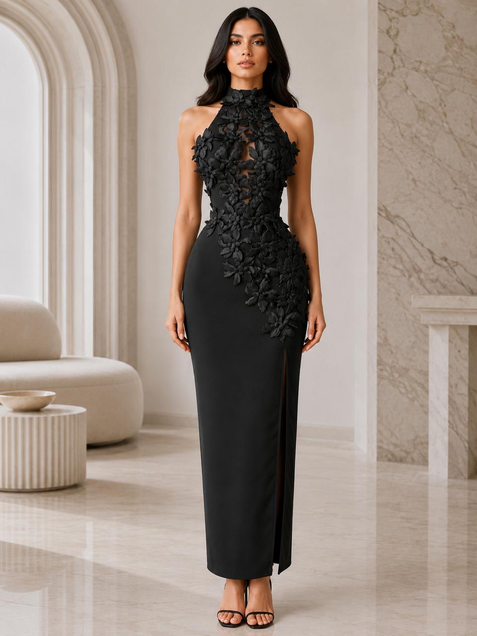 Floral Appliqué Halter Gown - Blossome