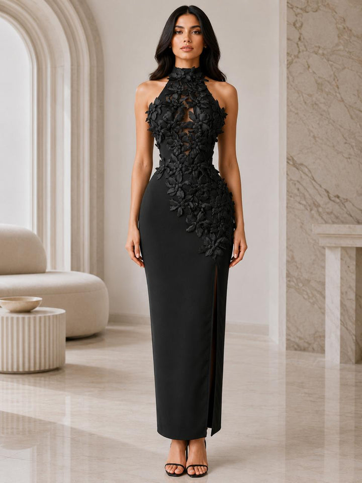 Floral Appliqué Halter Gown - Blossome