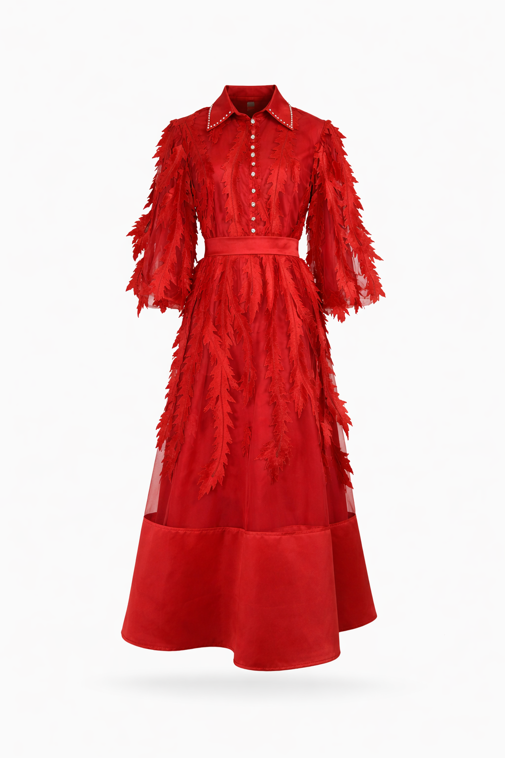 long sleeve chiffon dress with 3D leaf appliqué and belted waist – VIOLET