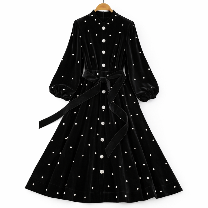 pearl-embellished velvet midi dress with waist tie – CELESTE