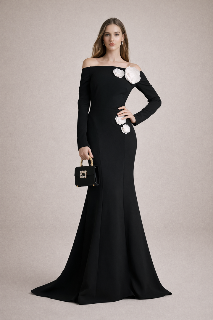 off-shoulder mermaid gown with floral appliqué – BLOOM