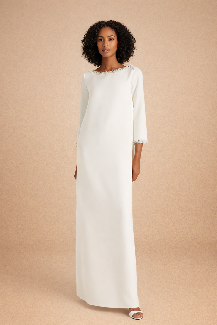 long-sleeve column dress with pearl trim neckline – ELIANA