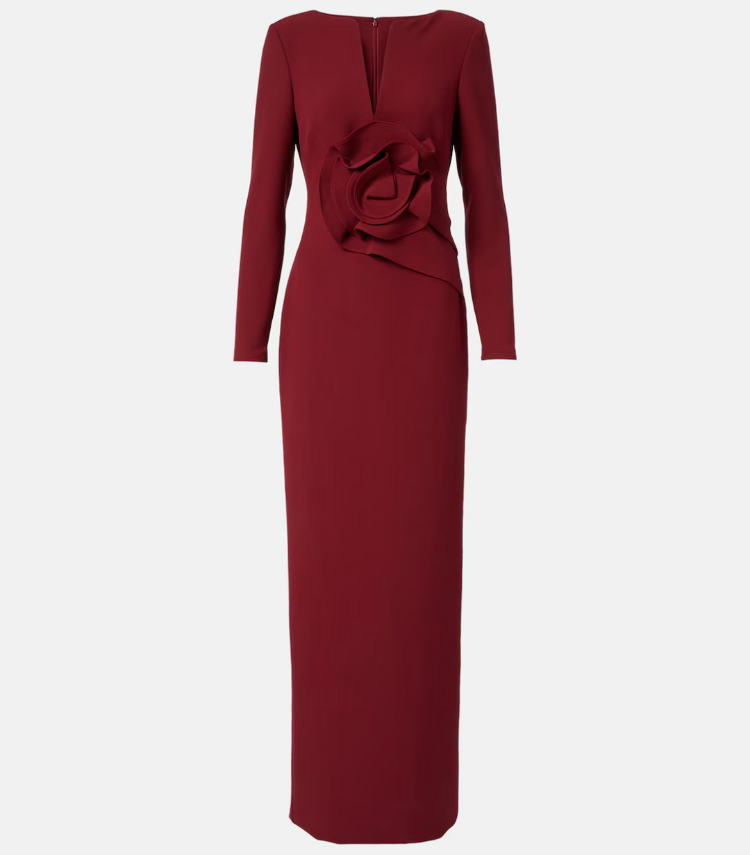 long-sleeve column gown with sculpted floral waist – SASYON