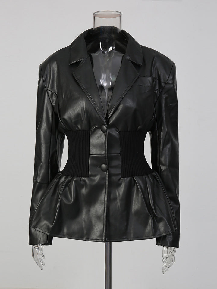long sleeve faux leather blazer with cinched waist detail – NOIR