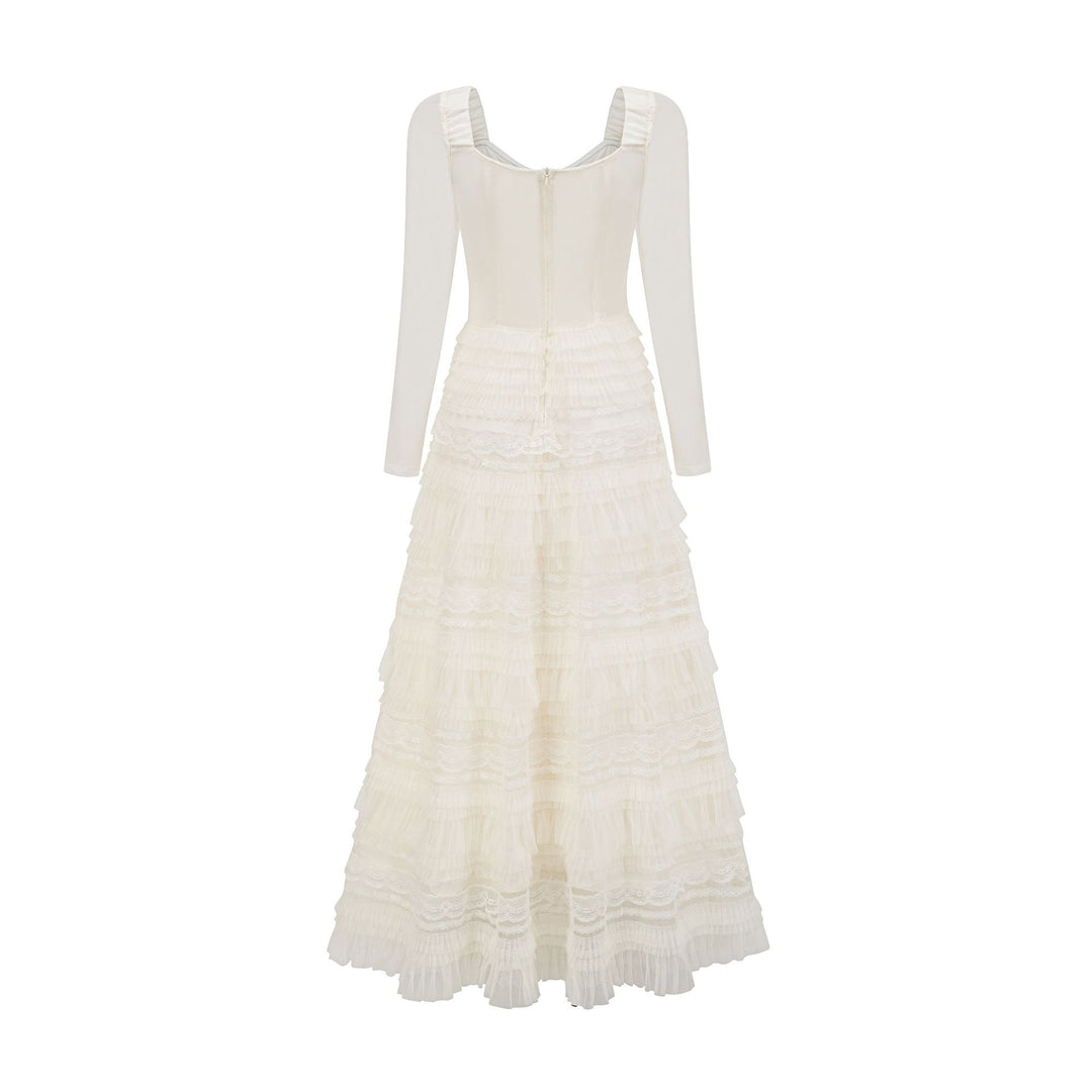 long-sleeve lace and tulle maxi dress with ribbon detail – BELLE
