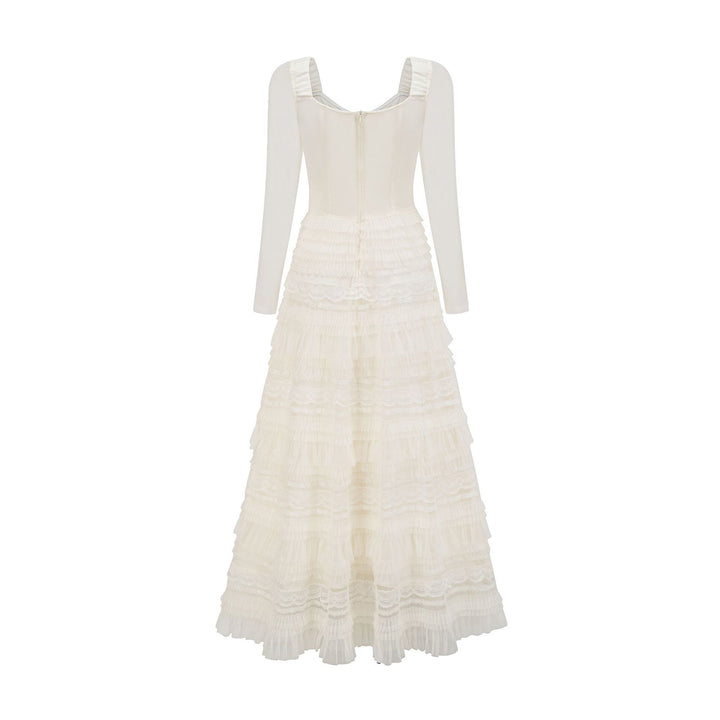 long-sleeve lace and tulle maxi dress with ribbon detail – BELLE