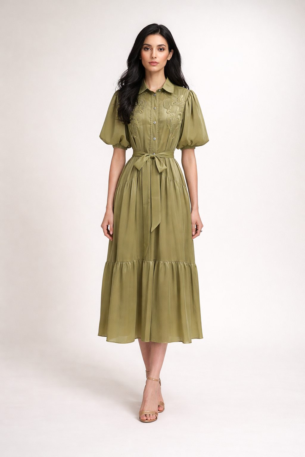 puff sleeve shirt midi dress with embroidered bodice and belt – OLIVIA