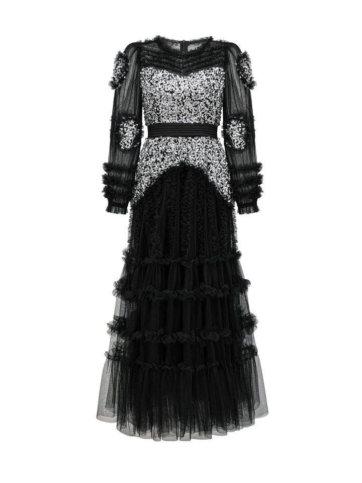 long-sleeve sequin bodice dress with layered tulle skirt – LUXE