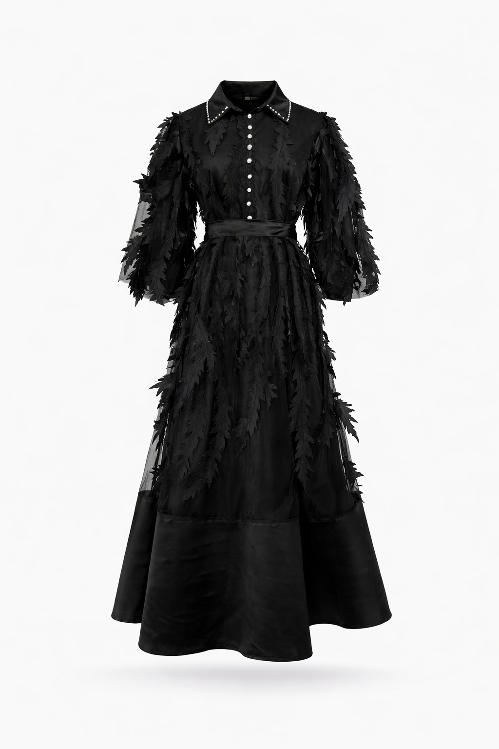 long sleeve chiffon dress with 3D leaf appliqué and belted waist – VIOLET