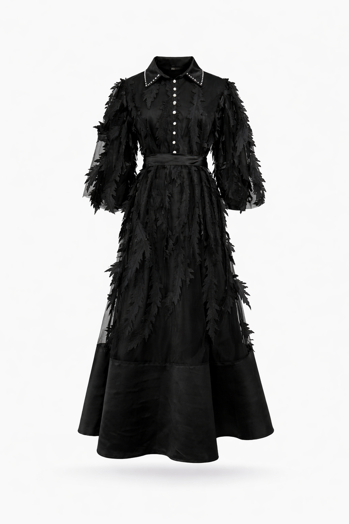 long sleeve chiffon dress with 3D leaf appliqué and belted waist – VIOLET