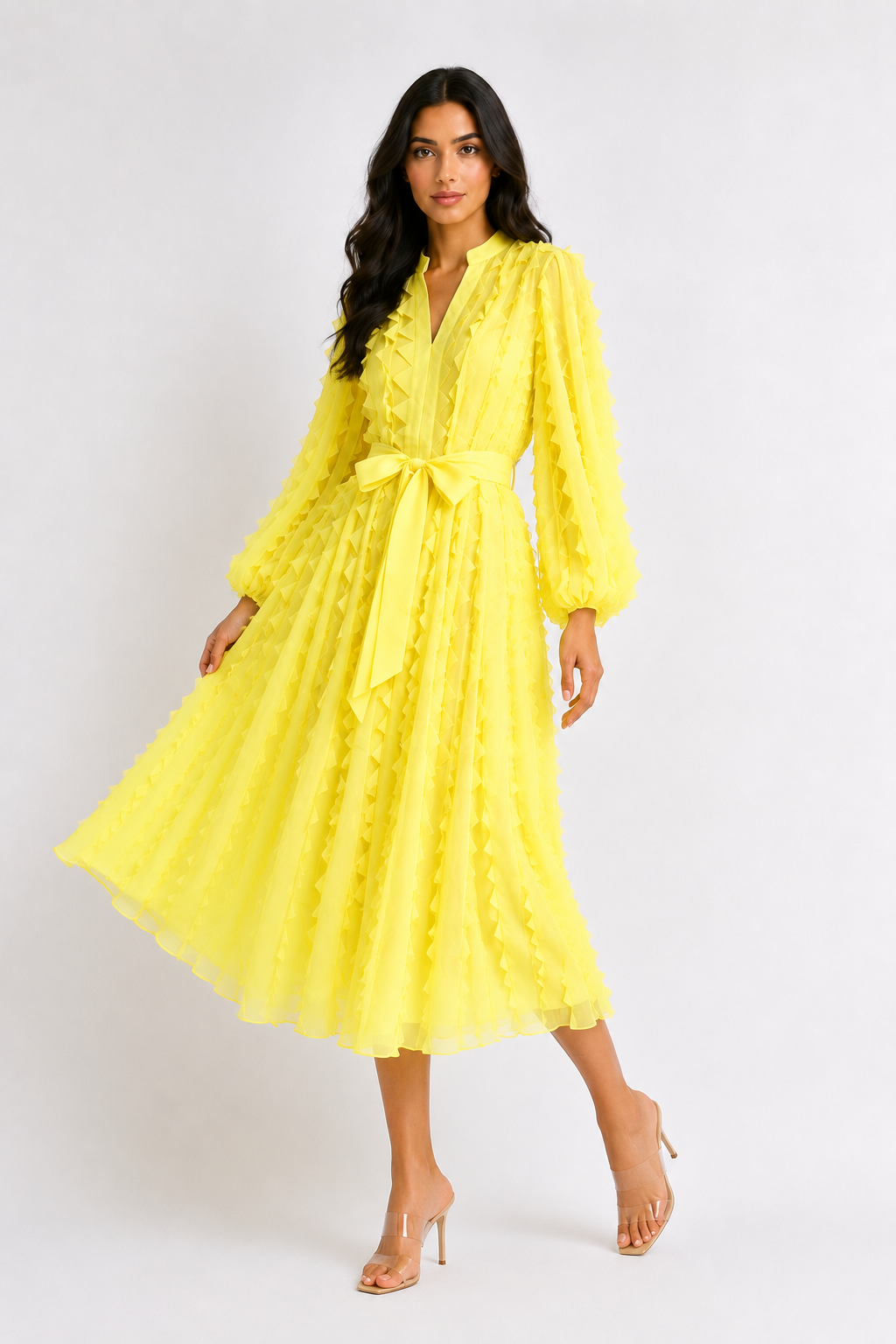 Ruffled Chiffon Tie-Waist Midi Dress - Ivory