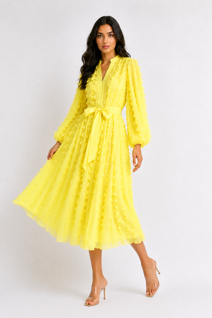 Ruffled Chiffon Tie-Waist Midi Dress - Ivory