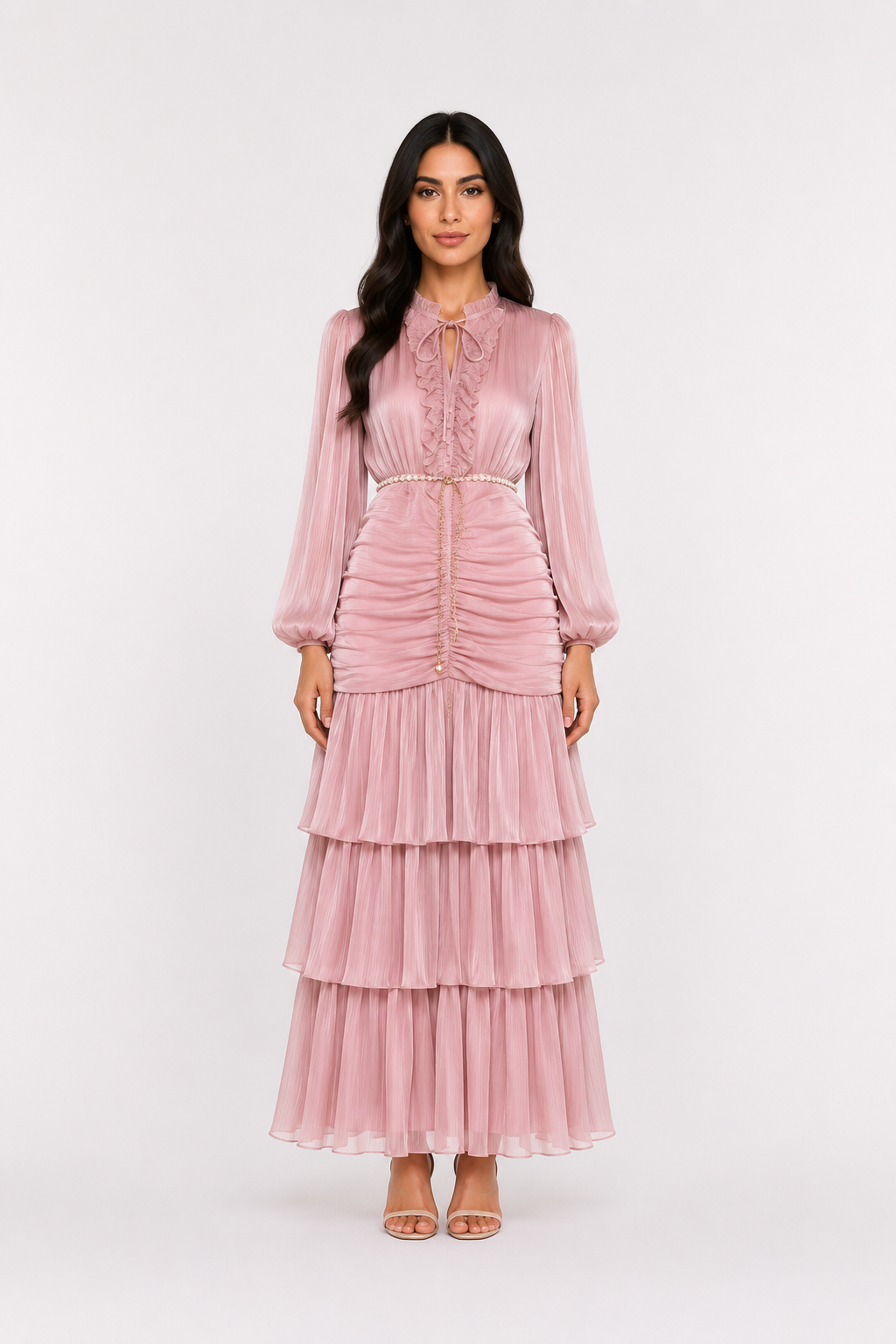 Elegant Ruched Chiffon Midi Dress - Romantic