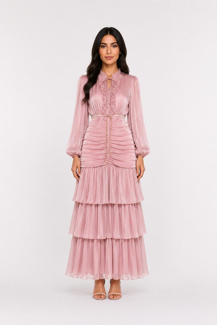 Elegant Ruched Chiffon Midi Dress - Romantic
