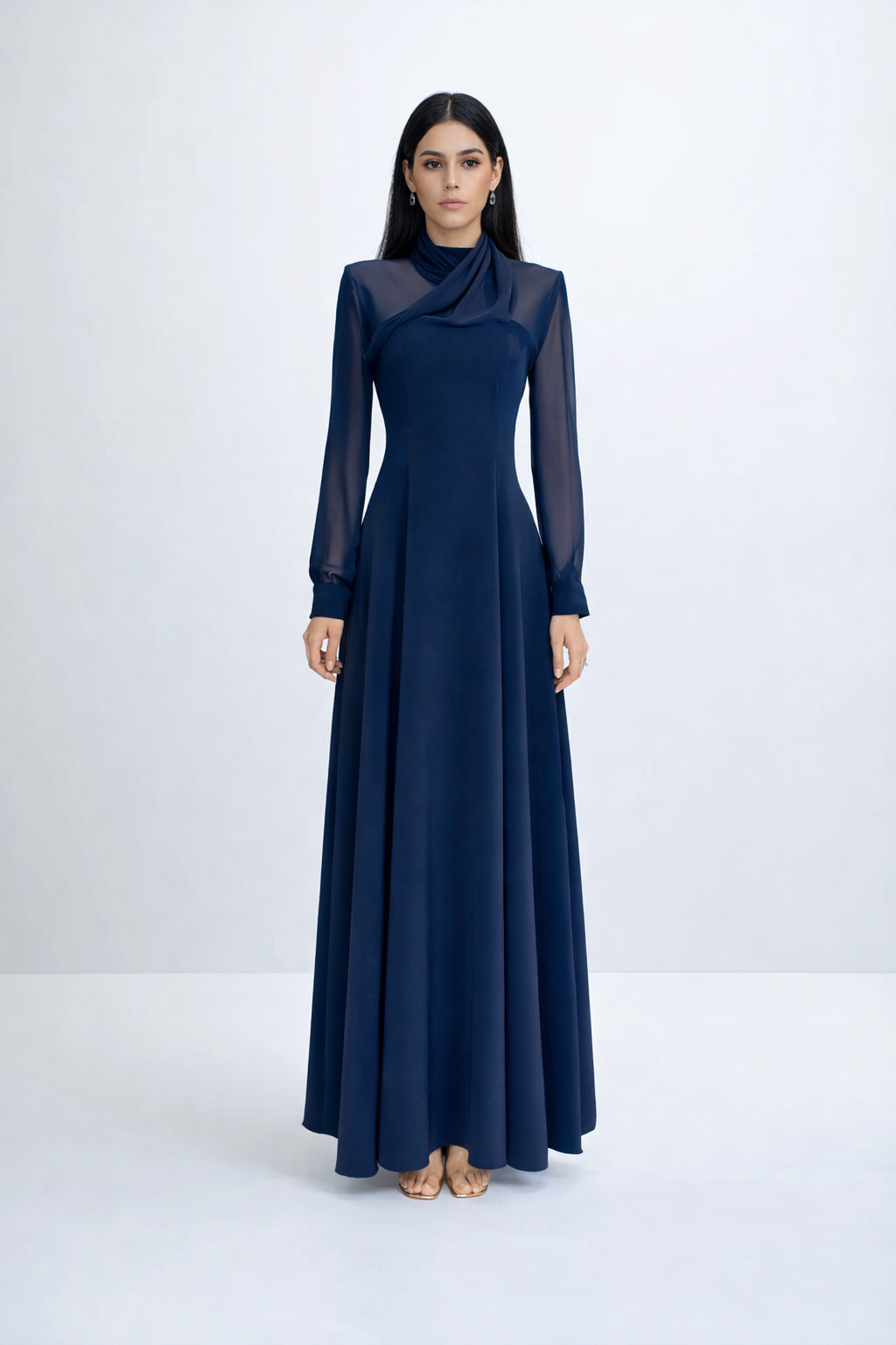 high-neck maxi dress with sheer sleeves – CELESTE