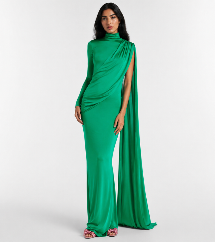 Emerald Draped Cape Evening Gown - Elara