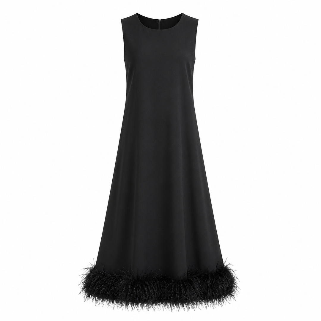Feather Hem Shift Midi Dress - Ivory
