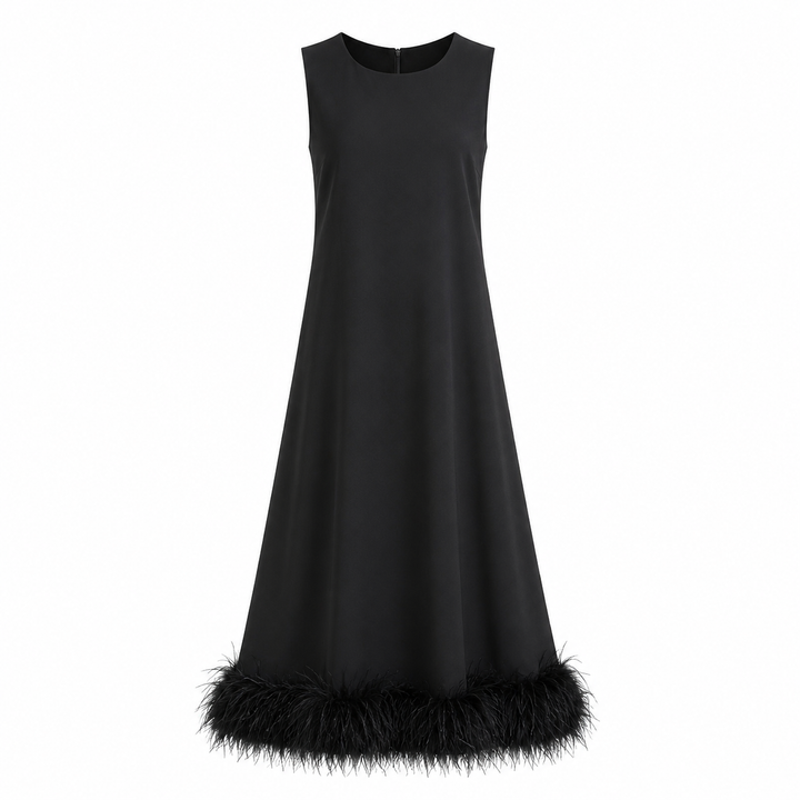 Feather Hem Shift Midi Dress - Ivory